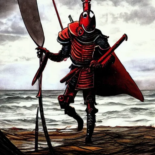 Prompt: a photo of the Lobster Knight walking onto an old run down sailship with a claw arm and a human arm holding a sword, 8k, hyper realistic,fine details, foreboding