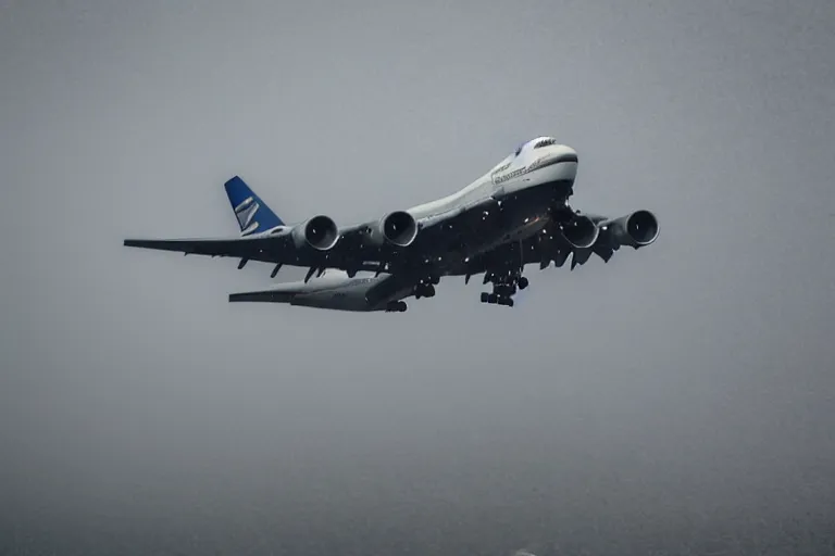 Image similar to a boeing 7 4 7 landing on a runway in heavy rain and wind, photo from a spectator, 8 k, natural lighting