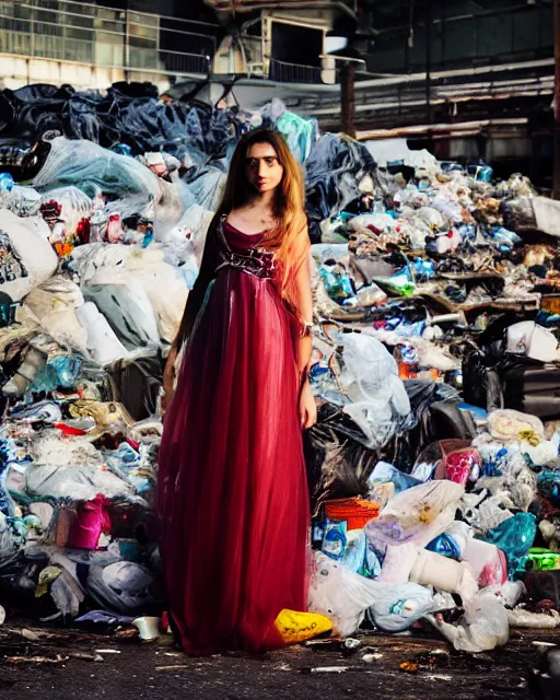 Image similar to a beautiful photo of a Young female with long hair and reflective eyes, Queen of trash wearing a gown made of plastic bags and trash, surrounded by trash all around and in the background, top cinematic lighting , very detailed, shot in canon 50mm f/1.2