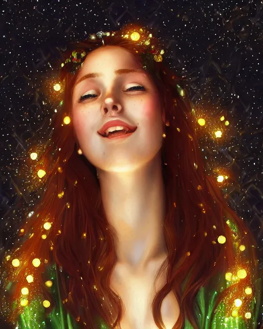 Image similar to a happy young woman looking over shoulder, intricate detailed dress, sitting among the lights of golden fireflies and nature, long loose red hair, bright green eyes, small nose with freckles, triangle shape face, smiling, dreamy scene, golden ratio, high contrast, hyper realistic digital art by caravaggio and artgerm.