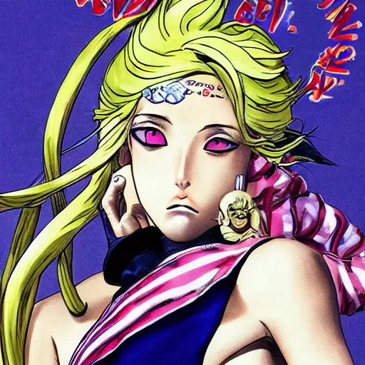 Prompt: blonde girl , JoJo cover art, style of Steel Ball Run cover art, style of JoJolion cover art, illustrated by Hirohiko Araki