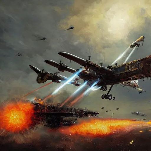 Image similar to huge steampunk aircraft in battle, sky, explosions, jakub rozalski