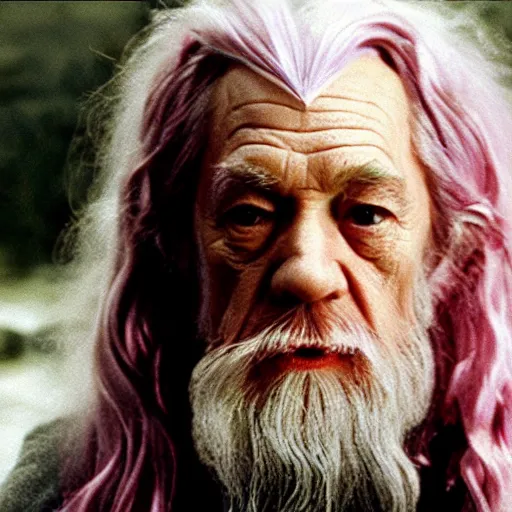 Prompt: portrait of gandalf the pink, pink bowtie in his hair, holding a blank playing card up to the camera, movie still from the lord of the rings