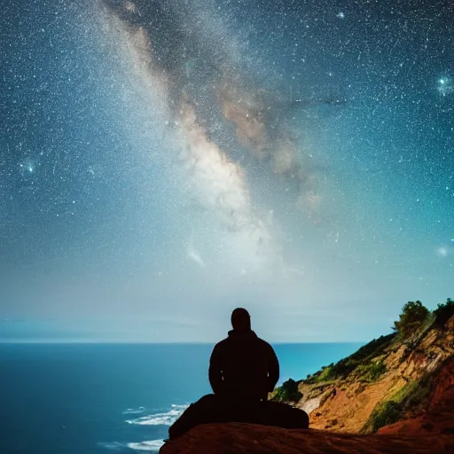 Image similar to man sitting on cliff looking at galaxy