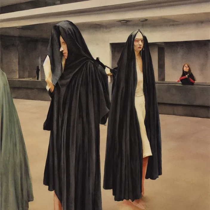 Image similar to woman in black robes, short skirt, in magnificent shopping mall, artstation, watercolor painting, art by edward hopper, zdislav beksinski, wayne barlowe, edward hopper