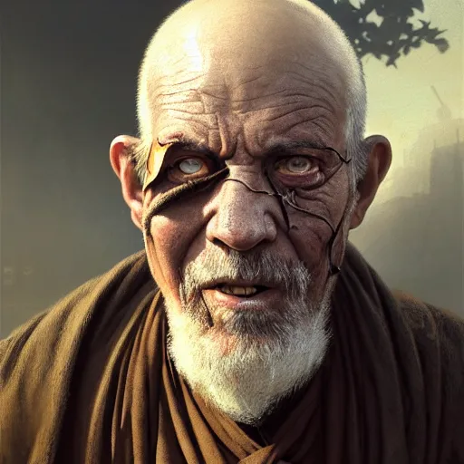 Image similar to portrait painting of a post - apocalyptic older american eyeless man wearing monk garbs with a scrap pauldron, ultra realistic, concept art, intricate details, eerie, highly detailed, photorealistic, octane render, 8 k, unreal engine. art by artgerm and greg rutkowski and charlie bowater and magali villeneuve and alphonse mucha