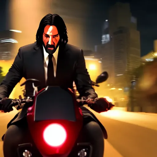 Prompt: chibi john wick riding a sports motorbike at night, movie still, 4 k