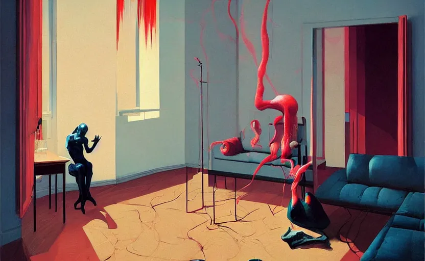 Prompt: Cozy apartment, very coherent, painted by Francis Bacon and Edward Hopper, Wayne Barlowe, painted by James Gilleard, surrealism, airbrush, art by JamesJean