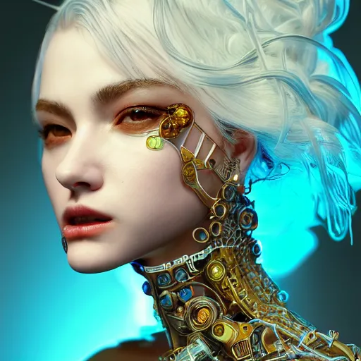 Image similar to the portrait of an absurdly beautiful, graceful, elegant, sophisticated, fashionable cyberpunk gravure idol, an ultrafine hyperdetailed illustration by kim jung gi, irakli nadar, intricate linework, bright colors, porcelain skin, unreal uni engine 5 highly rendered, cgsociety, global illumination, radiant light, detailed and intricate environment