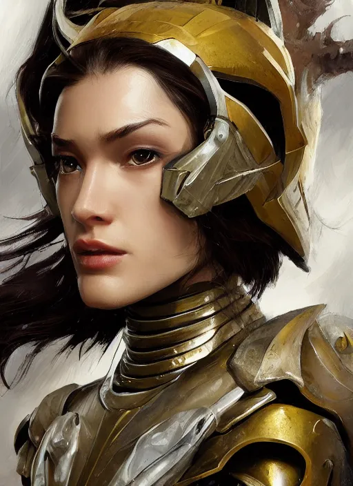 Image similar to a professional painting of a beautiful young female, wearing a dragon-shaped metallic helmet, clothed in battle armor, olive skin, long dark hair, beautiful bone structure, symmetrical facial features, intricate, elegant, digital painting, concept art, smooth, sharp focus, illustration, from Metal Gear, by Ruan Jia and Mandy Jurgens and Greg Rutkowski and Artgerm and William-Adolphe Bouguerea