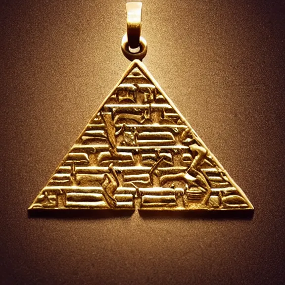 Image similar to An ancient egyptian pendant that looks like an upside-down pyramid with the wedjat eye engraved, dirty gold, splash art, movie still, cinematic lighting, dramatic, octane render, long lens, shallow depth of field, bokeh, anamorphic lens flare, 8k, hyper detailed, 35mm film grain