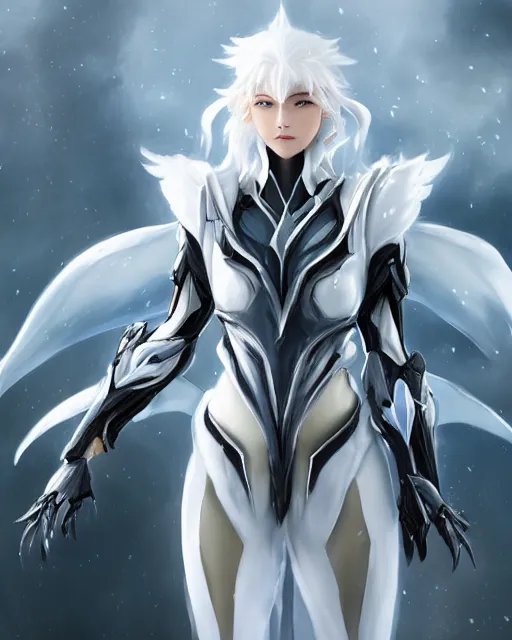 Image similar to perfect white haired girl, warframe armor, beautiful, dreamy, half asian, pretty face, blue eyes, detailed, windy weather, scifi, angel wings, utopian architecture, laboratory, 4 k, ultra realistic, epic lighting, cinematic, high detail, masterpiece, art by akihito tsukushi, akasuki voidstar