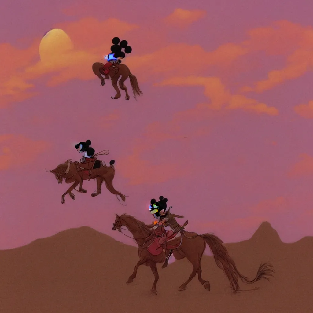 Prompt: Mickey Mouse riding a horse in a desert, pink sky, high definition, by Moebius