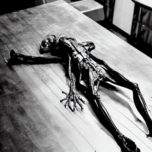 Prompt: dead alien lying on a metallic table. autopsy, black and white photo