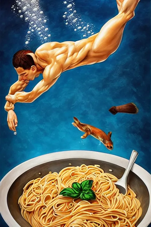 Prompt: olympic diving springoard, diver is diving head down into a dish of pasta, detailed realistic art, artgerm