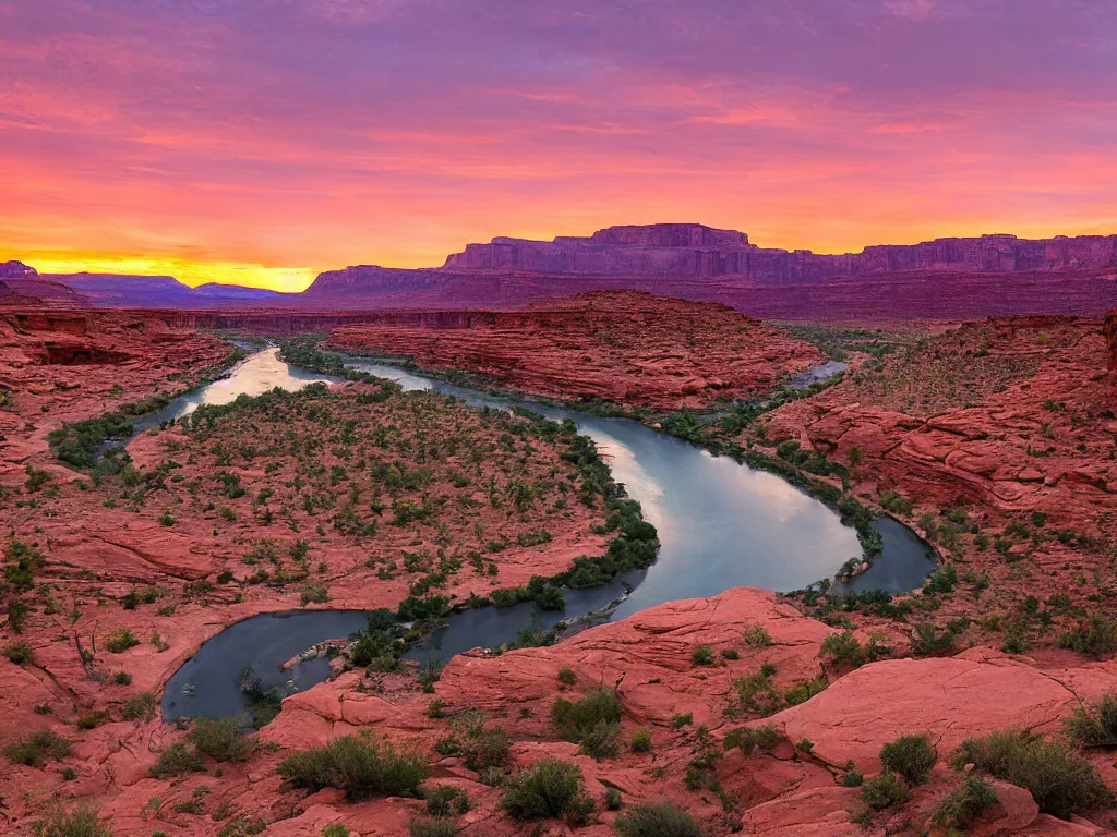 Prompt: “a river bend running through a canyon surrounded by desert mountains at sunset, moab, utah, a tilt shift photo by Frederic Church, trending on unsplash, hudson river school, photo taken with provia, national geographic photo”