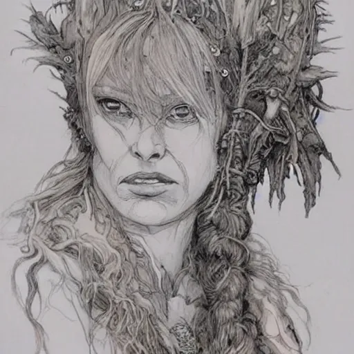 Image similar to a realistic and atmospheric watercolour fantasy character concept art portrait of brigitte bardot as a druidic warrior wizard looking at the camera with an intelligent gaze by rebecca guay, michael kaluta, charles vess and jean moebius giraud