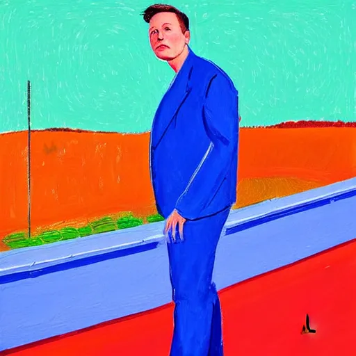 Prompt: elon musk in a painting by david hockney, on a bridge, in the sky, green, alpha