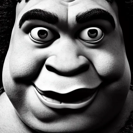 Image similar to black and white photographic portrait of shrek, harsh lighting, 8k, high definition, detailed, 4k, artistic