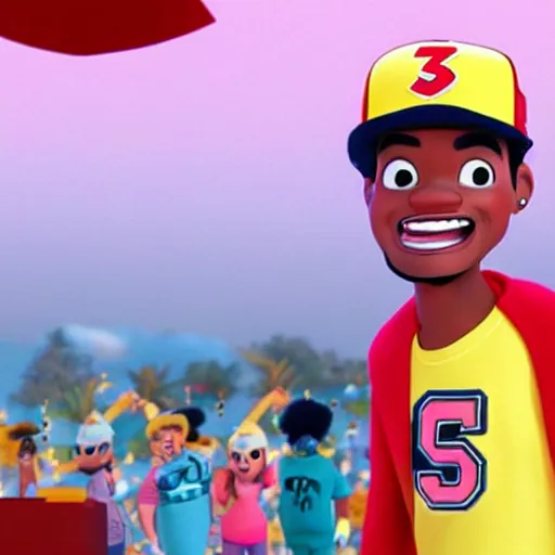 Image similar to a tv still of Chance The Rapper starring in a 2006 Pixar Animated movie