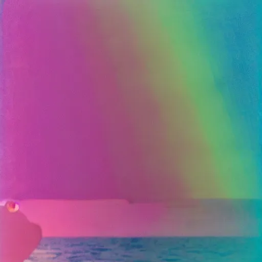 Prompt: a high fidelity pastel coloured Polaroid of a pink sail boat at sea, rainbow, volumetric light, god rays