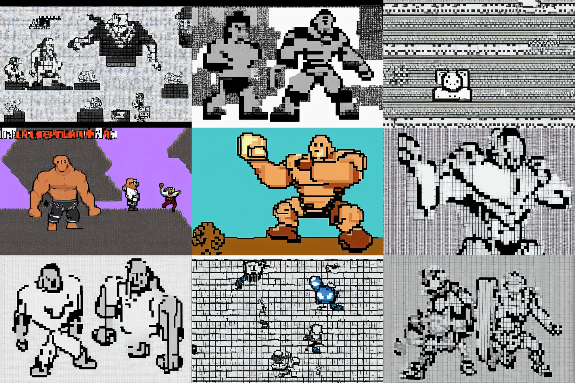 Prompt: dwayne the rock johnson undertale boss fight screenshot sprite pixel art black and white
