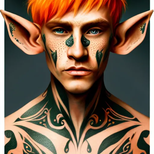 Image similar to portrait painting of an elven eladrin young man with short light orange hair and freckles and tribal tattoos on his cheekbones wearing fancy fur armor, sharp focus, award - winning, trending on artstation, masterpiece, highly detailed, intricate. art by merwild and ernesto irawan and rachel denton