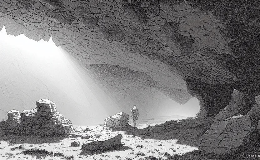 Prompt: natural cave, dynamic light, some old objects on the ground, mist low over ground, illustration by james gurney and josan gonzales, clean line