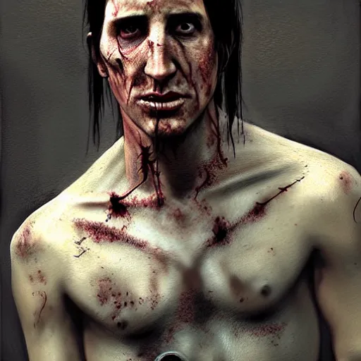 Image similar to young trent reznor as a zombie with shoulder length hair, 7 days to die zombie, realistic proportions, fine art, award winning, intricate, elegant, sharp focus, cinematic lighting, digital painting, 8 k concept art, art by brom, art by guweiz and z. w. gu, art by michael hussar, 8 k