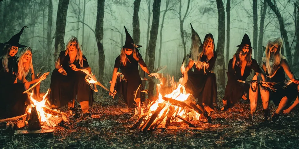 Image similar to witches preparing a ritual around a wildly lit campfire in an ominous forest at night, photography