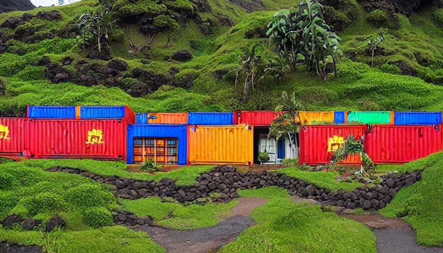 Image similar to hobbit monastery made of shipping containers, on hawaii, by Ivan Bilibin,