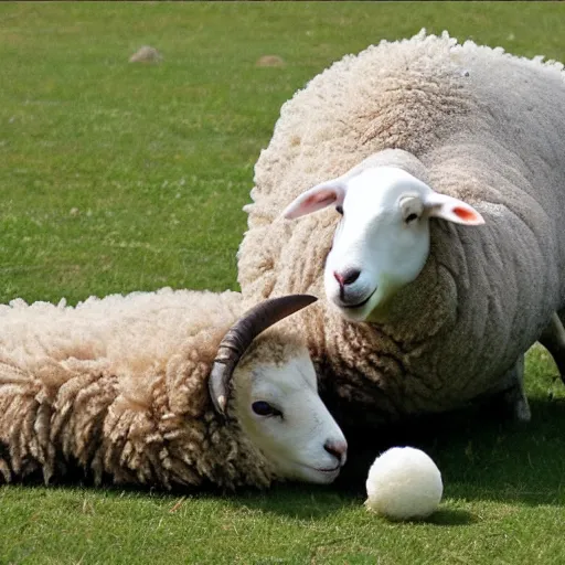 Image similar to sheep and seal playing together with a red ball