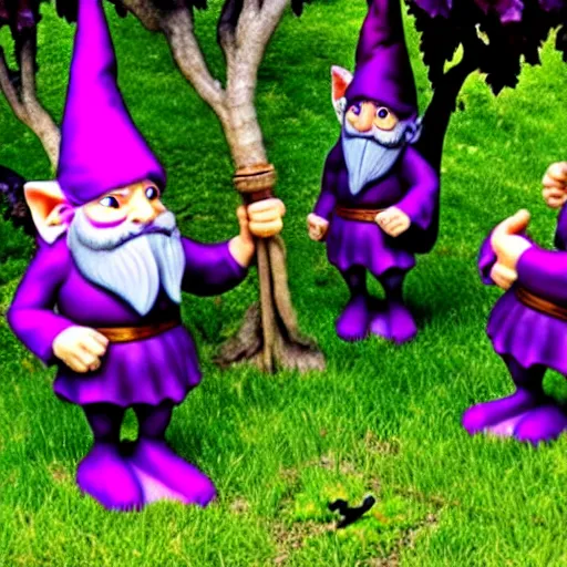 Image similar to purple gnome controlling spirits to fight off tree people in a winery. fantasy