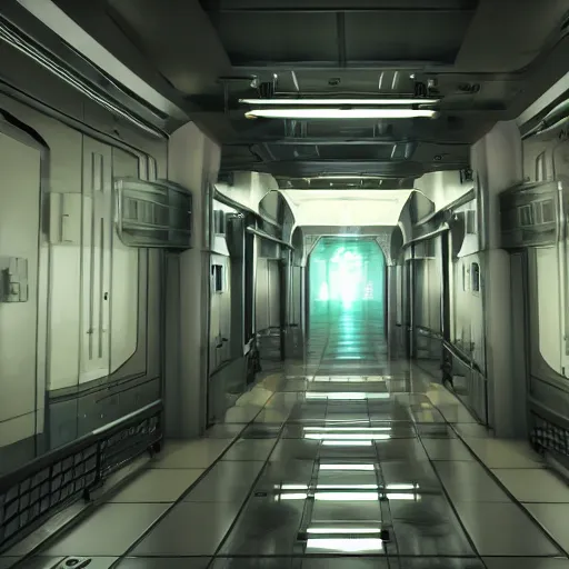 Prompt: futuristic horror science facility corridor, scp, unreal engine 5, rtx, next - gen graphics, secure contain protect, aaa game trailer, cinematic lighting, 3 d render, 4 k 6 0 fps, teaser, cinema 4 d