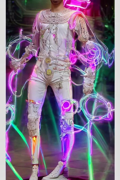 Image similar to full-body neon bladerunner porcelain baroque greek style sculpture of a young prince Zayn Malik as a high-fashion half-robot wearing retro shades with a porcelain body with an opening exposing a battery leaking radioactive liquid, electric sparks, glowing violet laser beam eyes, crown of giant rubies, flowing pink and orange neon-colored silk, luminescent fabrics, mechanical raptors. baroque and steampunk elements. full-length view. baroque element. intricate artwork by caravaggio. Very very very very highly detailed epic photo of face. Trending on artstation, octane render, cinematic lighting from the right, hyper realism, octane render, 8k, depth of field, 3D