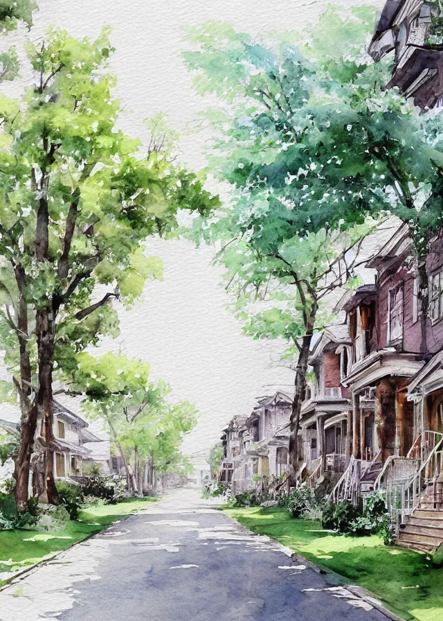 Image similar to street lined with old residential houses summer watercolor by arti chauhan trending on artstation