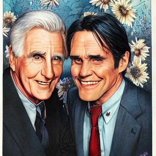 Image similar to Leslie Nielsen and Jim Carrey, artwork by Daniel Merriam,