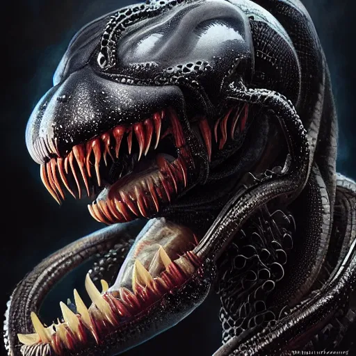 Image similar to portrait of venom, intricate artwork, concept art, octane render, deviantart, cinematic, key art, hyperrealism, iridescent accents, portrait photograph, nikon 3 5 mm, photograph by greg rutkowski