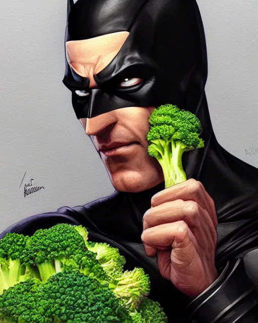 Image similar to Close-up stunning portrait of Batman eating broccoli, digital painting, concept art, highly detailed, digital painting, Trending on Artstation, 8K, by artgerm and greg rutkowski and alphonse mucha