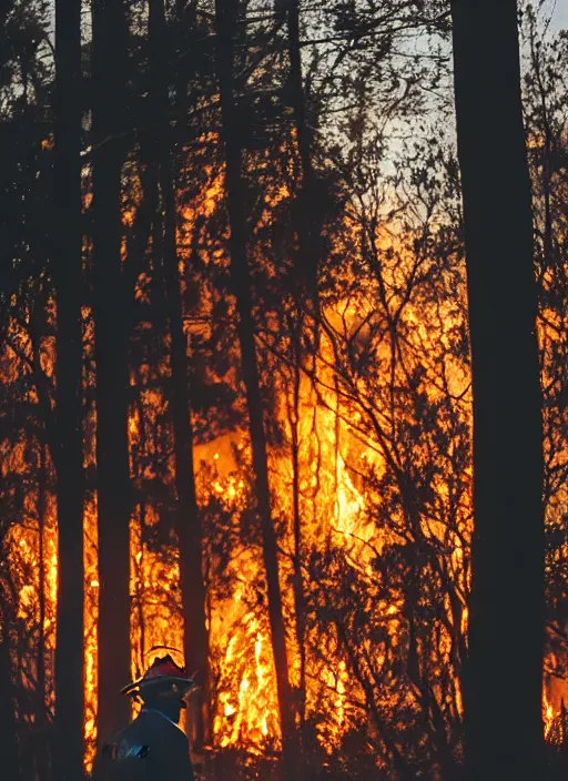 Prompt: a 3 5 mm photo from the back of a firefighter standing in front of a burning forest, bokeh, canon 5 0 mm, cinematic lighting, film, photography, depth of field, award - winning, bokeh