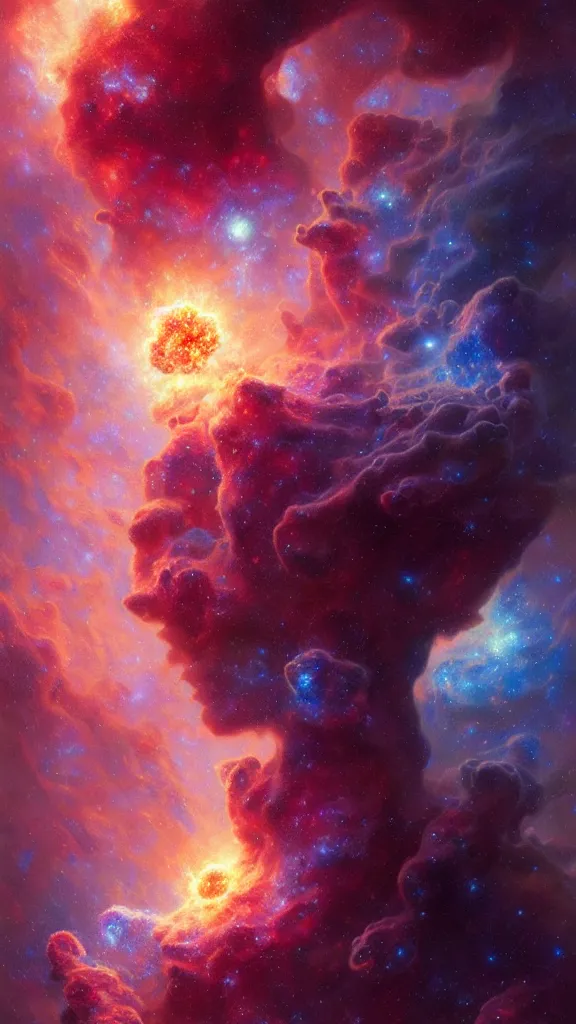 Image similar to psychedelic transcendent puffs! of smoke, space, supernova, nebulae, pillars of creation, high contrast lighting, highly detailed, concept art, art by collier, albert aublet, krenz cushart, artem demura, alphonse mucha