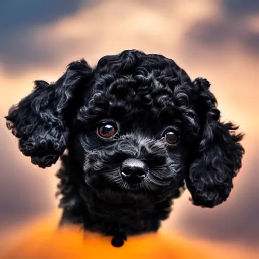 Prompt: a dark cloud shaped like a black miniature toy poodle's head, sunset realistic photo