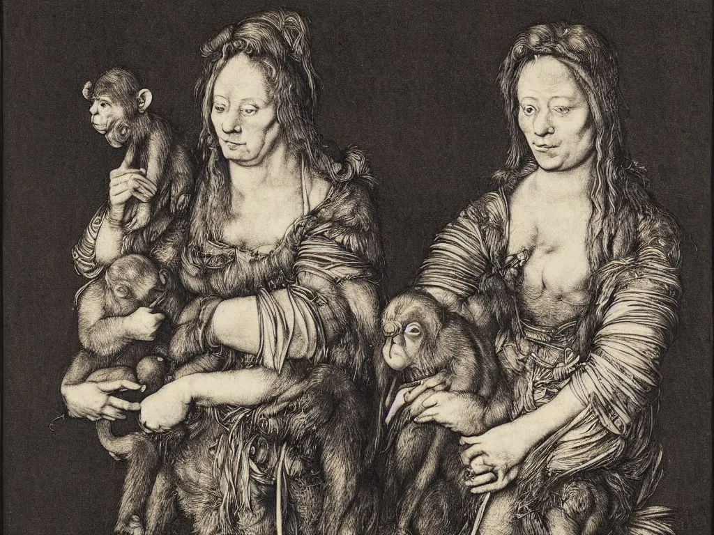 Prompt: portrait of a woman with monkey. copper engraving by albrecht durer, walton ford