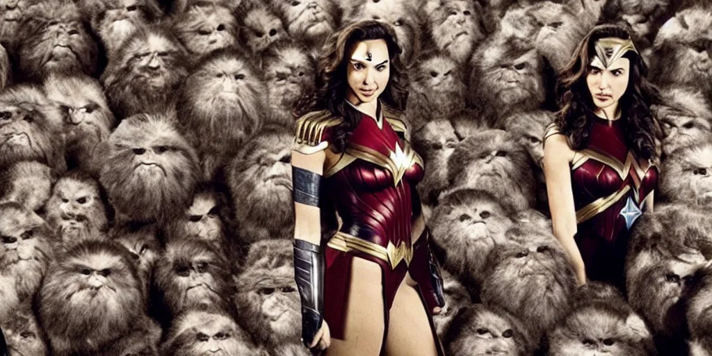 Prompt: Gal Gadot, in Starfleet uniform, in the role of Captain Kirk, with lots of Tribbles!!!! everywhere