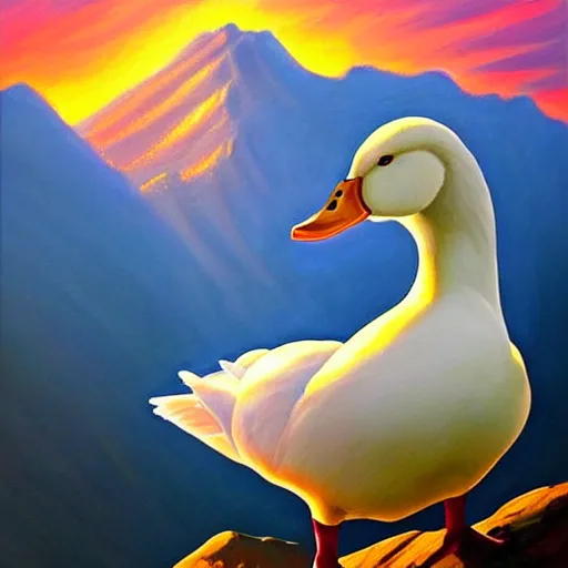 Image similar to extremely beautiful painting of a white duck in a sunset on a mountain, dynamic composition, dramatic lighting, stylized portrait, painting by artgerm, dungeons and dragons, visible brush strokes, trending golden color scheme