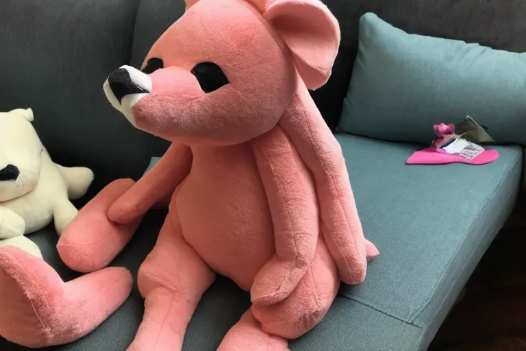 Image similar to a high quality 3 5 mm photo of a pink chubby stuffed animal kangaroo, wearing a dark blue shirt, large ears, pointy nose, on a couch, trending on artstation, sharp focus, kids toy