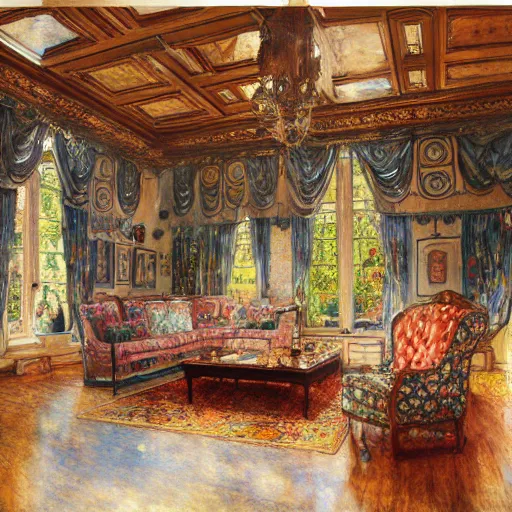 Image similar to a beautiful intricate watercolor illustration of a victorian livingroom 4 k, ultra - wide angle, by william turner, by gustav klimt, hd, trending on artstation, hyper detailed, muted intense colors