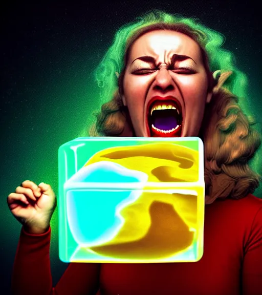 Prompt: biomorphic woman screaming with joy inside a gelatinous cube of aspic of electronics, extremely detailed masterpiece, atmospheric, shadowy, cinematic, digital art, 4 k