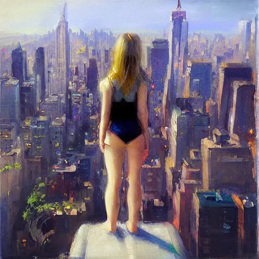 Prompt: “ girl standing on a roof looking down at a futuristic new york city below, by daniel gerhartz ”