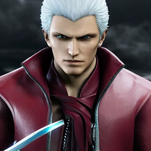 Image similar to vergil from devil may cry, 4k, highly detailed face, octane render,